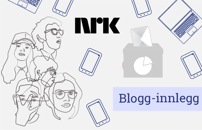 Illustrasjon med NRK-logo, stemmeurne, personer, mobiltelefoner og pc-er