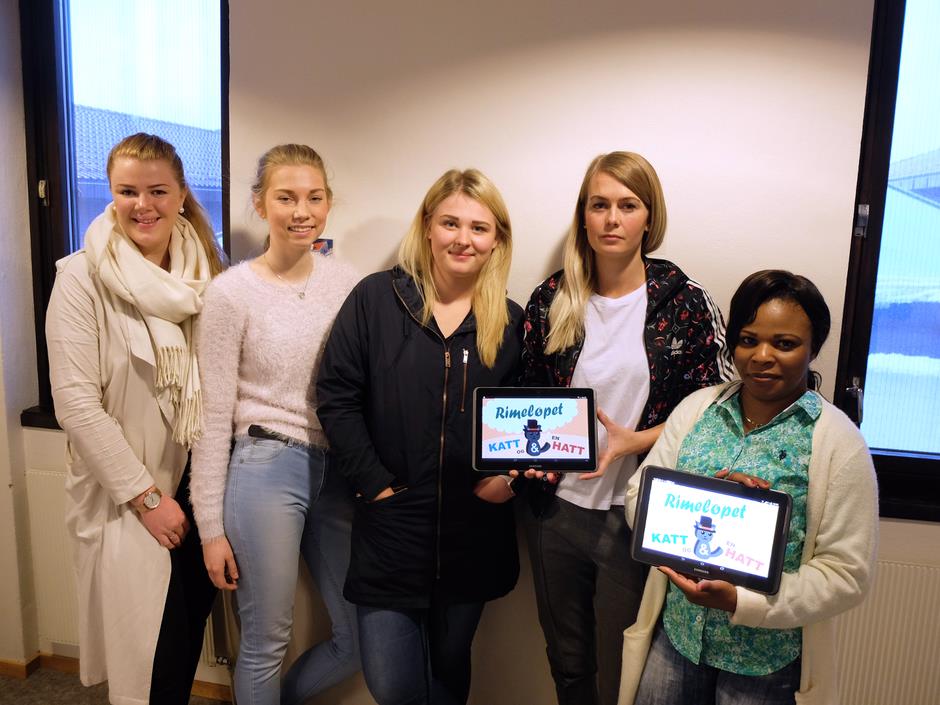 Rimeløpet: Disse studentene inkluderer fysisk aktivitet i sitt digitale spill. F.v.: Karina Gunleifsen, Birgitte Fjalestad, Sandra Severinsen, Marie Bråtane og Isabelle Kambury-Musas.