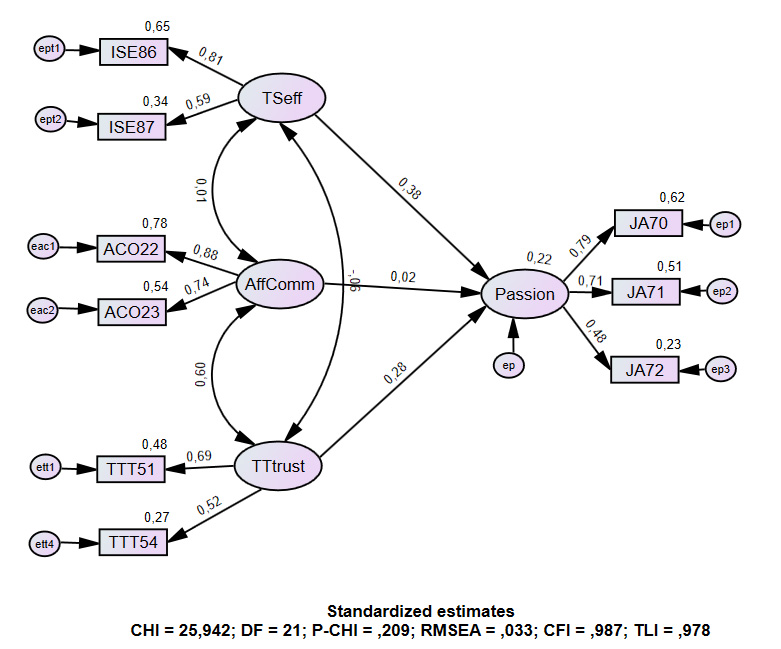 Figure 2 SEM-model depicting teacher passion, self-efficacy, affective commitment, and teacher-teacher trust