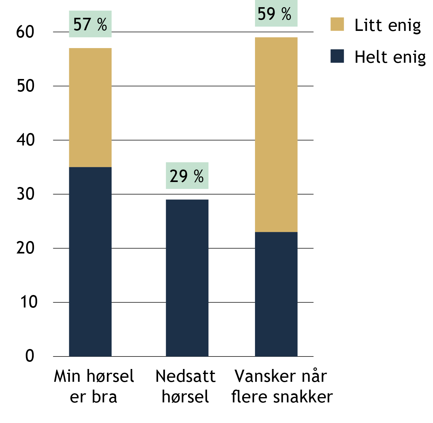 FIGUR 4 Rapporterte hørselsutfordringer. Prosent som svarte helt eller litt enig i påstander om nedsatt hørsel. For variabelen «nedsatt hørsel» vises andelen som svarte ja (N = 144).