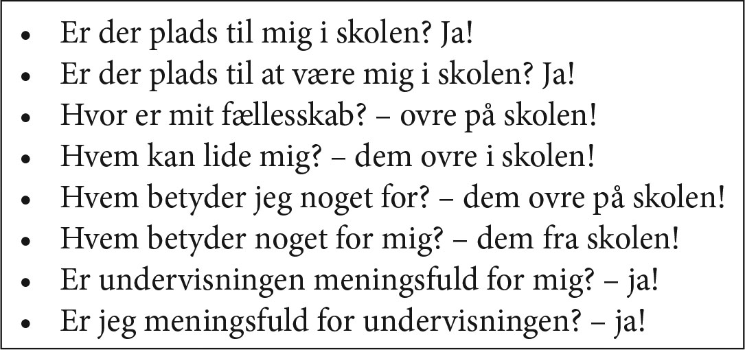 Figur 1. ‘Tjekliste’ i forhold til børns skoleglæde (Lund, 2021, s. 186).