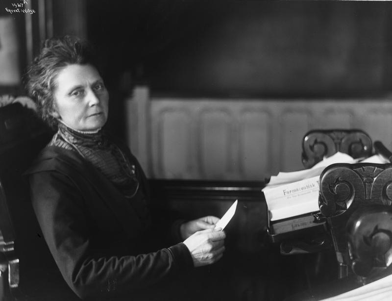 17. mars 1911, kom Rogstad inn på Stortinget som Norges første kvinne. Hun var medlem av partiet Frisinnede Venstre (FV), men meldte seg senere ut og inn i Arbeiderpartiet. Foto: Andreas Beer Wilse/Norsk Folkemuseum