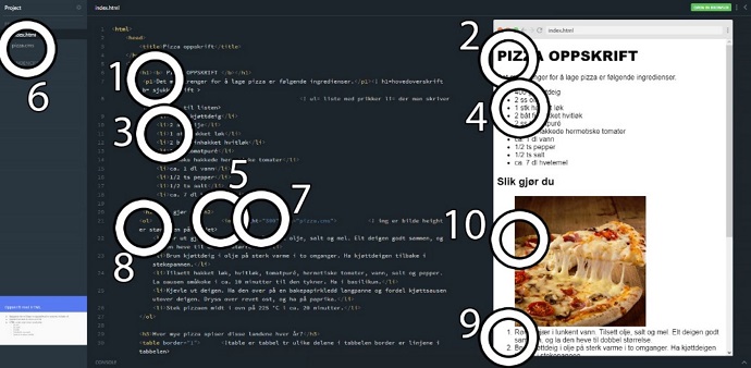 Teksten på venstre side viser koden, og pizzaen på høyre side er resultatet av kodingen. I teksten snakker eleven om hvordan de forskjellige elementene i koden viser seg i bildet. Musepekeren går fram og tilbake mellom de to delene. Vi ser altså hvordan eleven aktivt tar i bruk mulighetene for å reflektere, ved hjelp av tale, tekst, framvisningsmuligheter og peking som verktøyet tilrettelegger for. Foto: Anders Kluge/UiO.