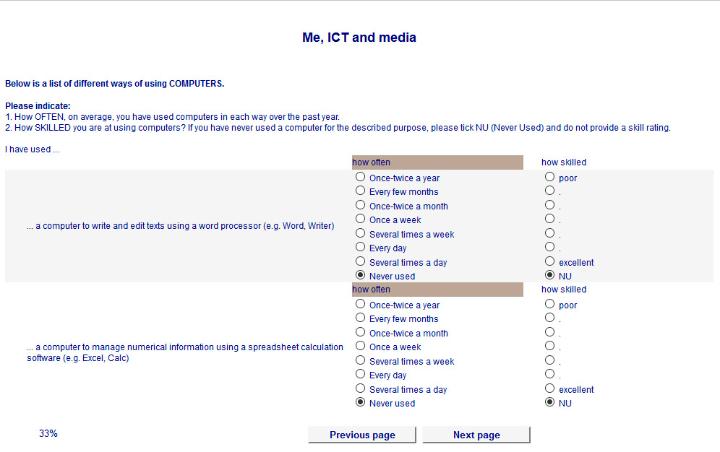 Figure 1. Sample screenshot illustrating a questionnaire page containing items regarding use -frequency and perceived skill level.