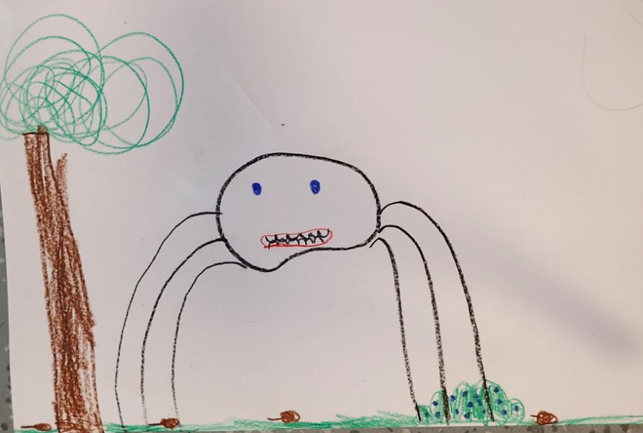 Figur 7: Edderkopp som tråkker i en blåbærbusk (Elev 4, tegning 2)