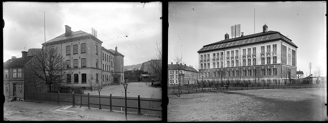 Bilde av gamle Ilen skole / Ila skole (til venstre), bygget i 1877, og Lademoen skole (til høyre) ferdigstilt i 1906, begge i Trondheim. Foto: Jens Carl Frederik Hilfling-Rasmussen/ NTNU Universitetsbiblioteket – CC BY-SA 4.0