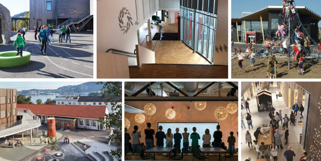 Uteområder, amfi og mingleområde på Ulsmåg skole, Brensholmen skole, Fagereng skole, Holen skole, Hebekk skole og Huseby skole. Foto: Eva Rosa Hollup/Ola Roald Arkitekter, Solvår Wågø, HMXV Arkitekter, Øystein Klakegg, Planforum arkitekter, Stig O. Larsen/Bydelsnytt