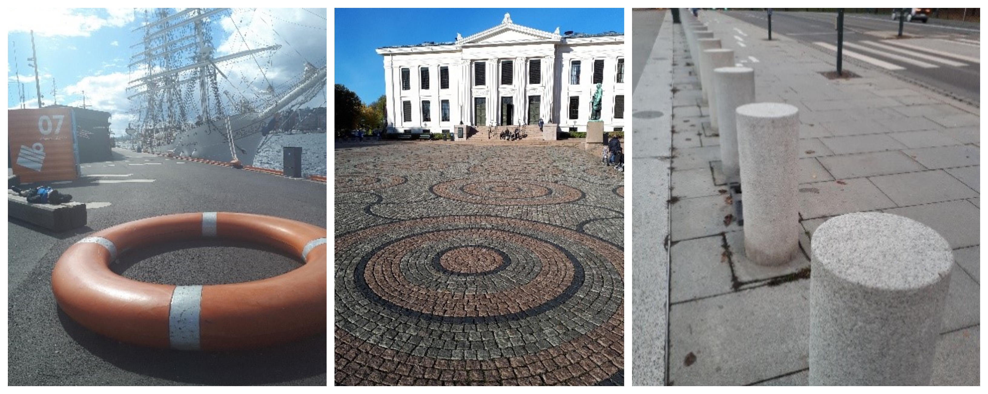  Bilde 1 fra venstre: Livbøye på Havnepromenaden, sirkler på universitesplassen (bilde 2) og granittsøyler på Karl Johans gate (bilde 3). (Foto: Nils Frederik Buchholtz). 