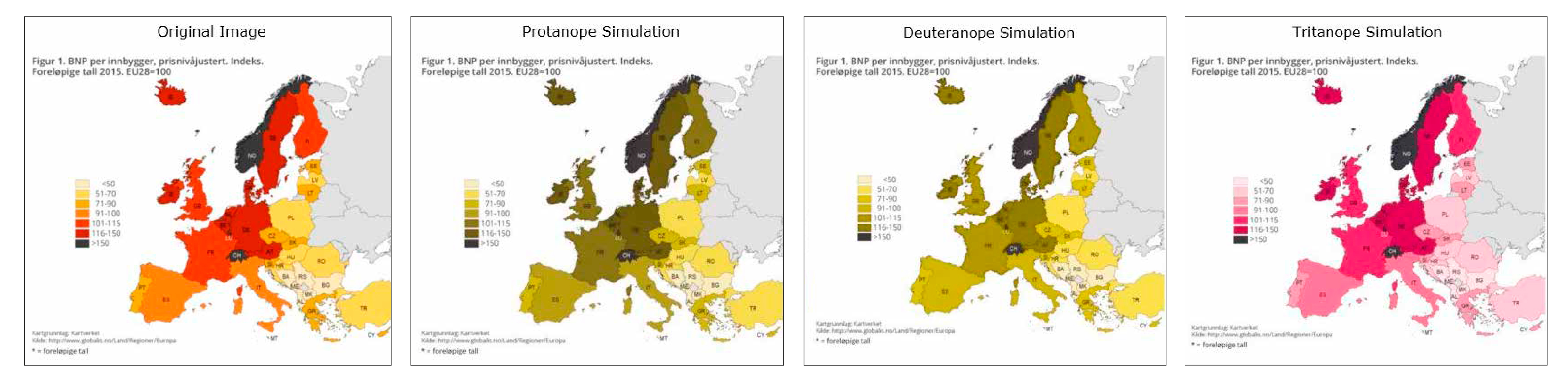 Figur 1 (kilde: SSB). Kartutsnittetene til venstre er originalbildet, dvs. slik det kan se ut for en med normalt fargesyn. Bildene til høyre er manipulert for å se ut slik det kan se ut for en med henholdsvis rødgrønn fargesvakhet av protan type, en med deutan type og en med blågrønn fargesvakhet (også kalt tritan). Manipuleringen her er gjort med gratis software fra Vischeck (http://www.vischeck.com/vischeck/vischeckImage.php). Det finnes også en gratis app, Chromatic Vision Simulator, som gjør det samme og en kan med mobilen se hvordan verden ser ut for de med fargesvakhet.