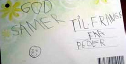 Figur 6 Her er mellomrommene på vei inn, og ordet «god» er innlært, mens «Frangk» og «såmer» skrives slik barnet lytter det ut.