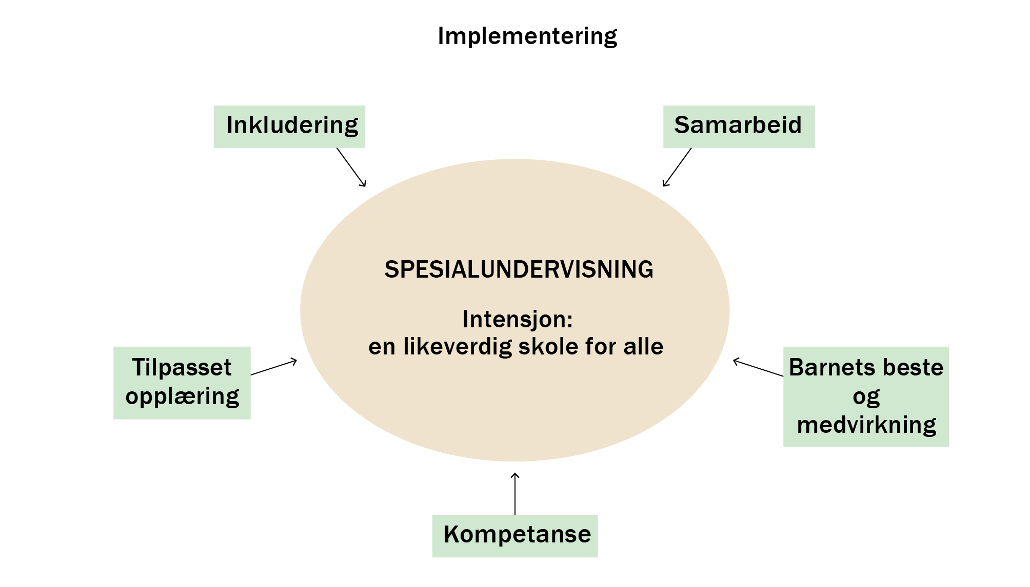 FIGUR 1 Modell av sentrale prinsipper og føringer for spesialundervisning.