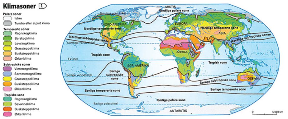 Figur 3. Verdenskart som viser klimasoner, hentet fra Cappelens Atlas ungdomstrinnet (Mikkelsen, 2006, s. 116)