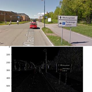 Originalbildet på toppen er fra Google street view. Under er bildet derivert (i horisontal retning.) Programmering kan også gi oss innblikk i avansert teknologi. Fysikkstudent Anders Johansson demonstrerer derivering.